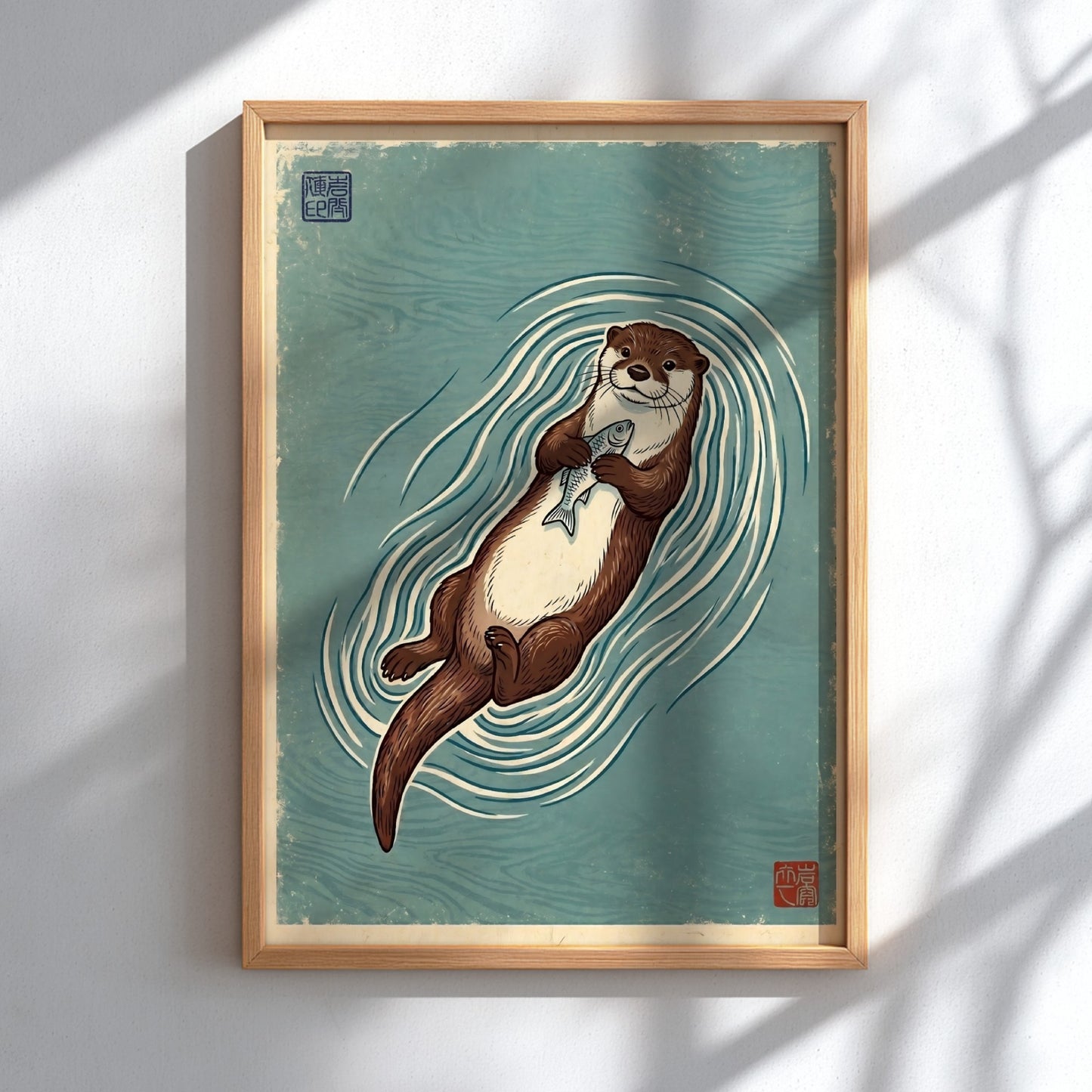 Japanese art style poster featuring an otter floating with a fish in soothing colors and waves