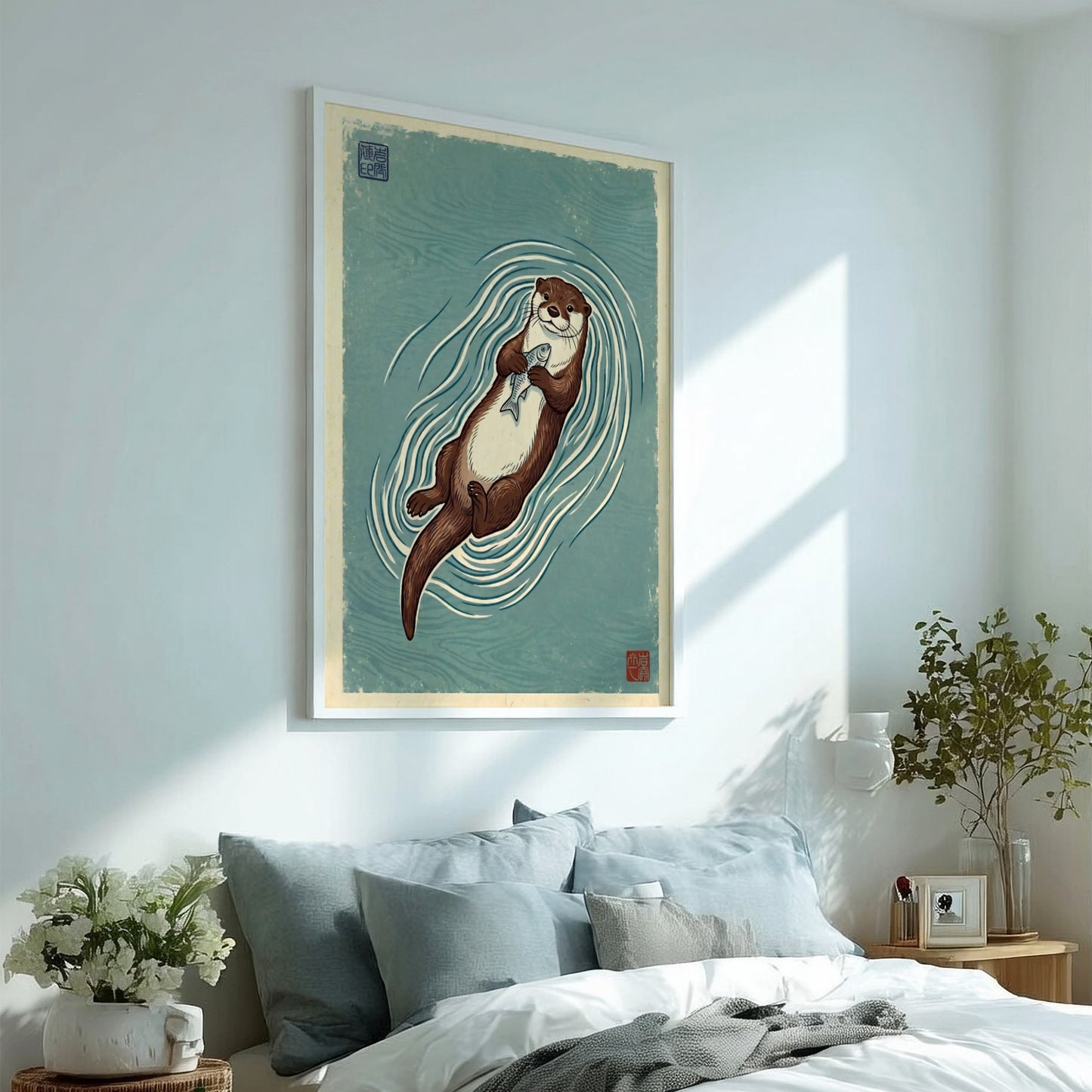 Japanese art style poster featuring an otter floating with a fish in soothing colors and waves