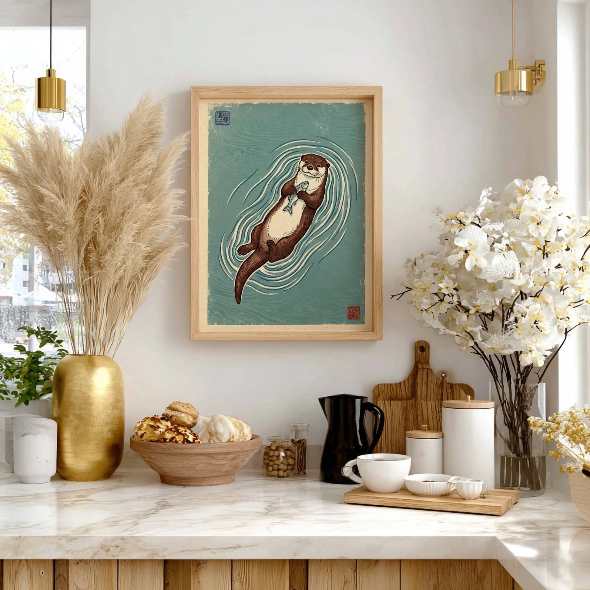 Japanese art style poster featuring an otter floating with a fish in soothing colors and waves