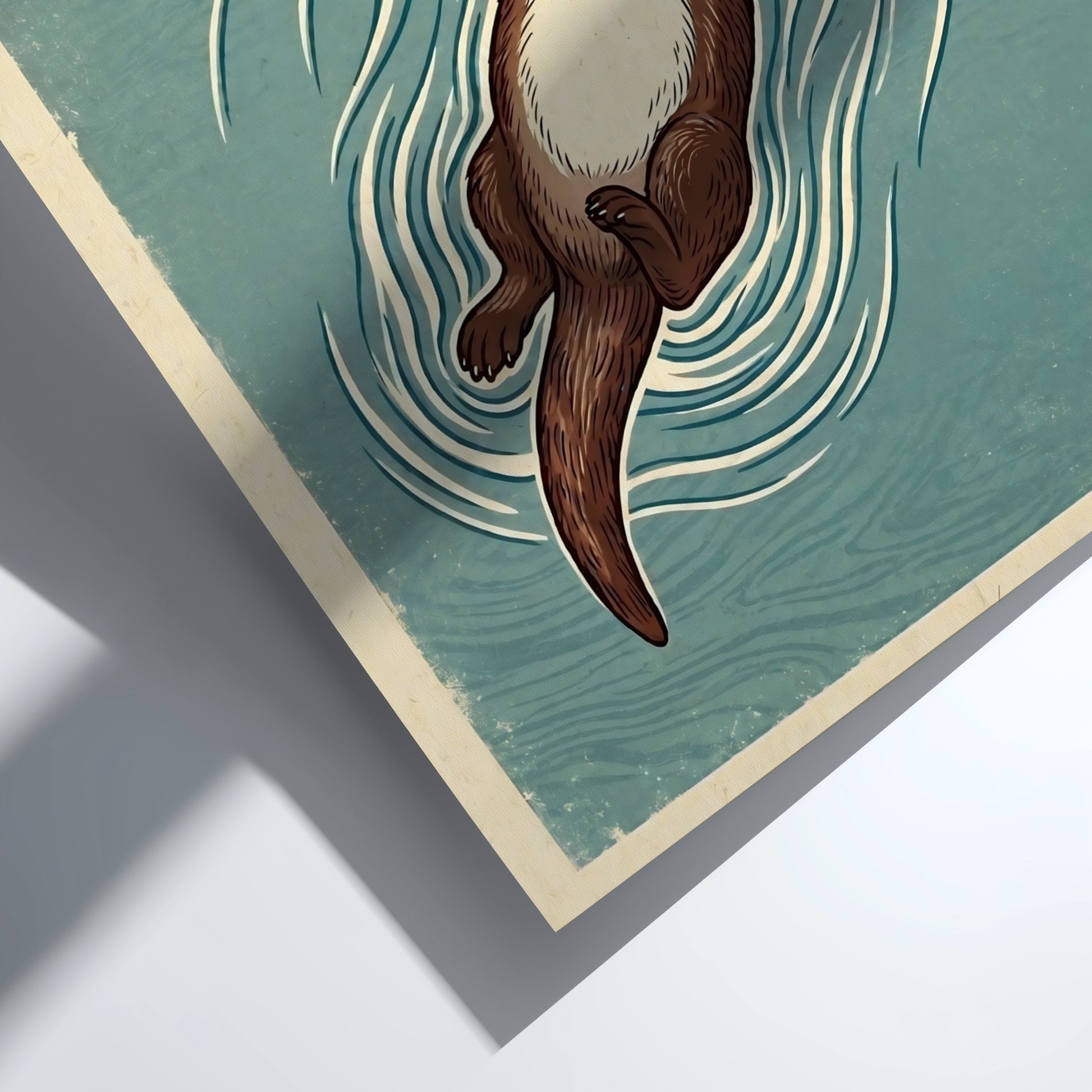 Japanese art style poster featuring an otter floating with a fish in soothing colors and waves
