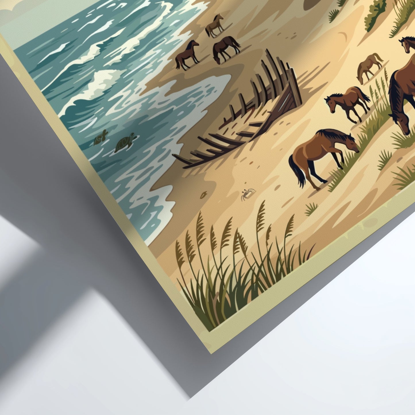 Travel poster of Outer Banks featuring a lighthouse, wild horses, and ship wreck.