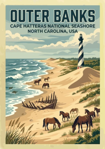 Travel poster of Outer Banks featuring a lighthouse, wild horses, and ship wreck.