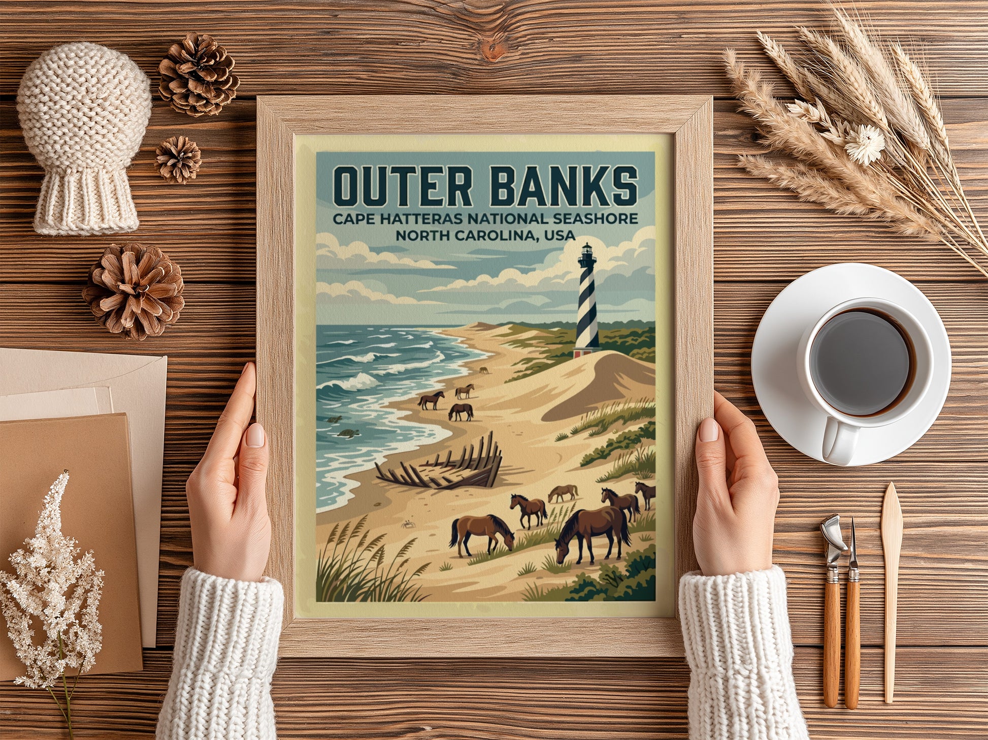 Travel poster of Outer Banks featuring a lighthouse, wild horses, and ship wreck.