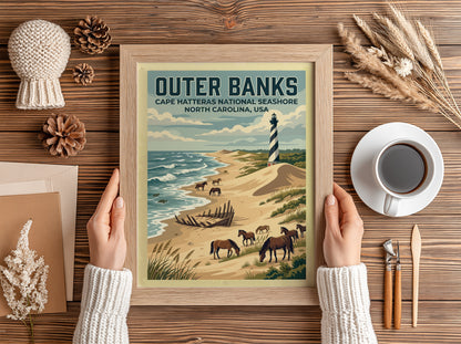 Travel poster of Outer Banks featuring a lighthouse, wild horses, and ship wreck.