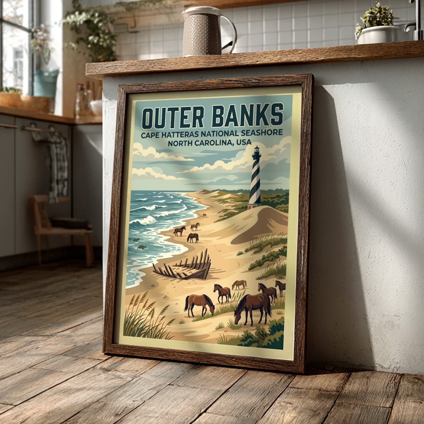Travel poster of Outer Banks featuring a lighthouse, wild horses, and ship wreck.
