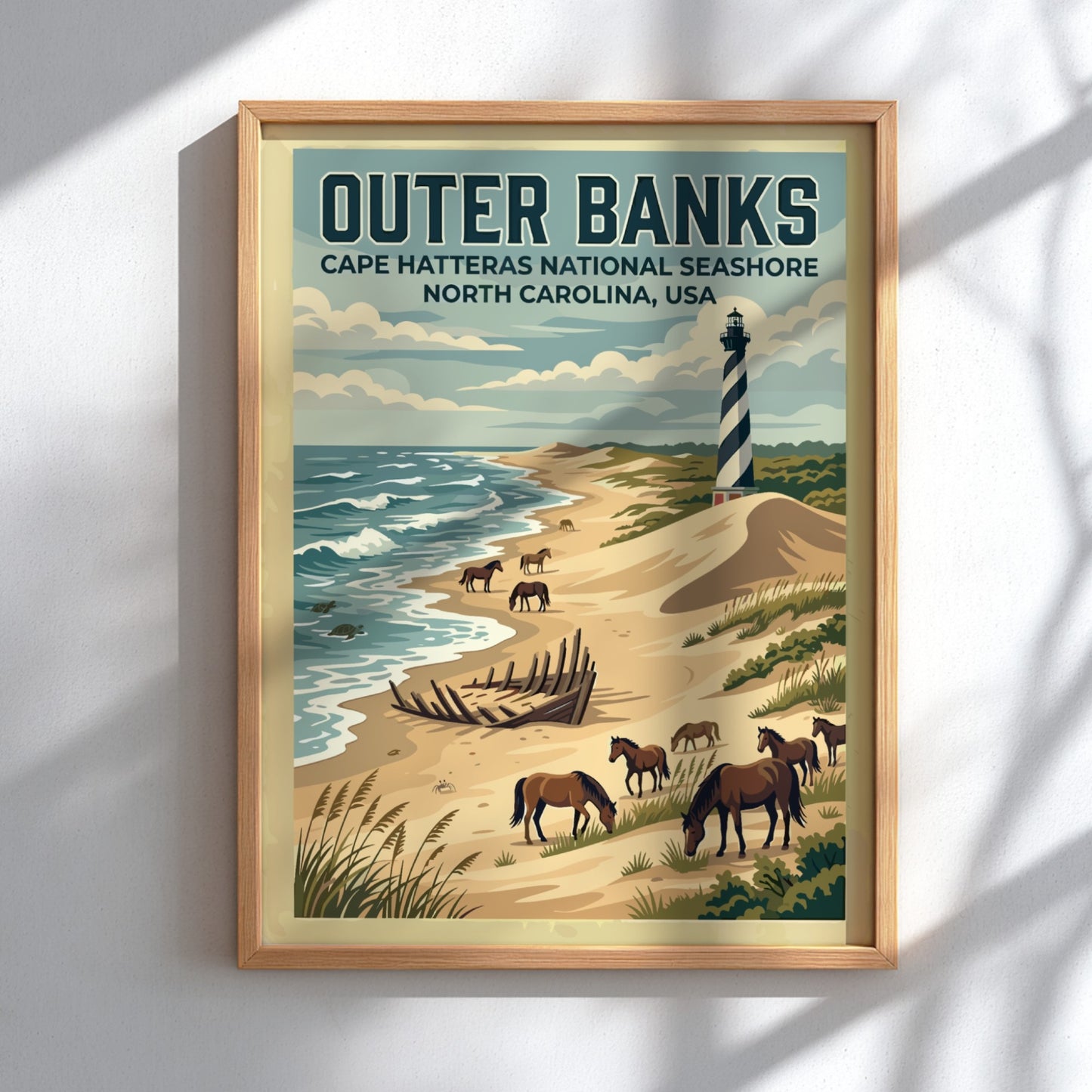 Travel poster of Outer Banks featuring a lighthouse, wild horses, and ship wreck.