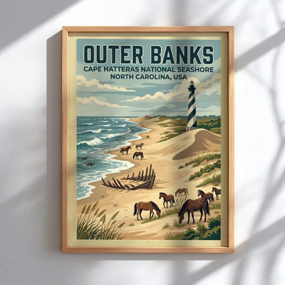 Travel poster of Outer Banks featuring a lighthouse, wild horses, and ship wreck.