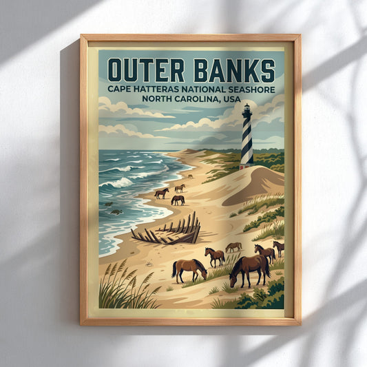Travel poster of Outer Banks featuring a lighthouse, wild horses, and ship wreck.
