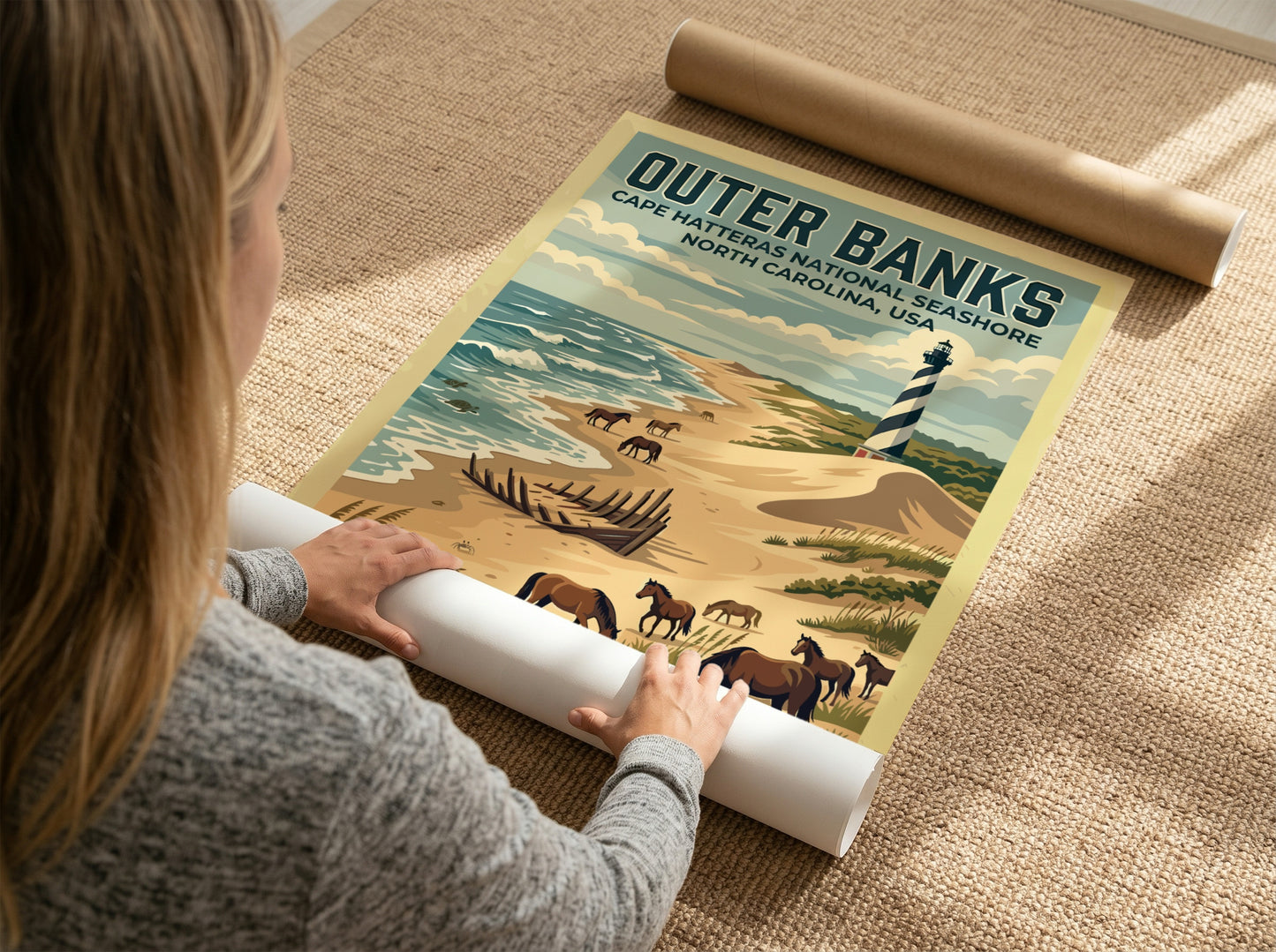 Travel poster of Outer Banks featuring a lighthouse, wild horses, and ship wreck.