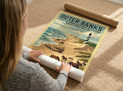 Travel poster of Outer Banks featuring a lighthouse, wild horses, and ship wreck.