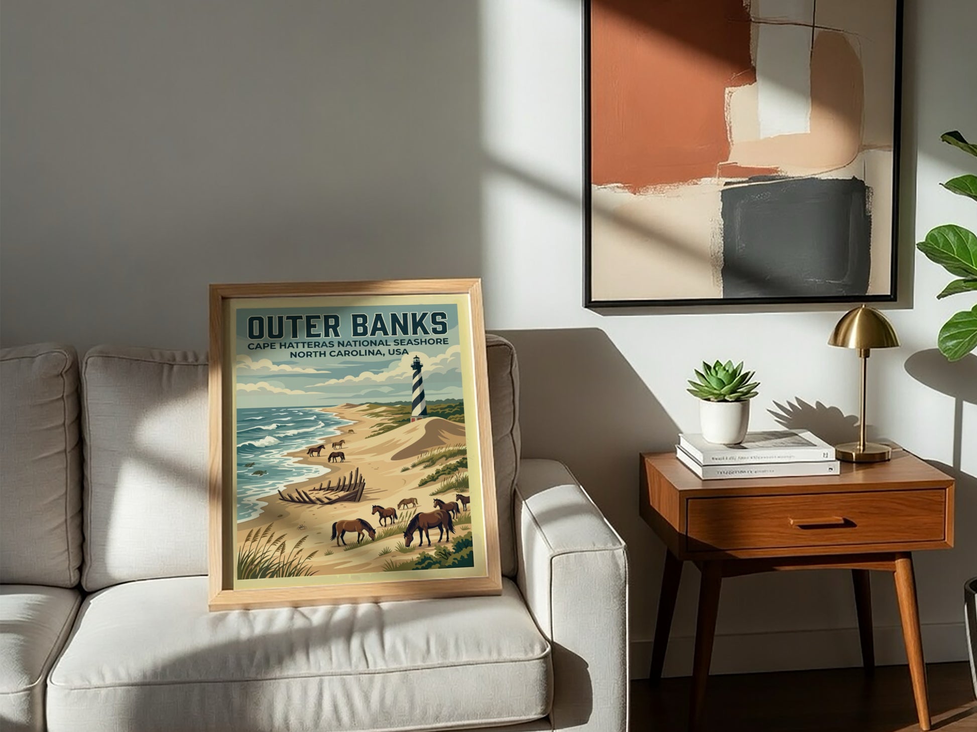 Travel poster of Outer Banks featuring a lighthouse, wild horses, and ship wreck.
