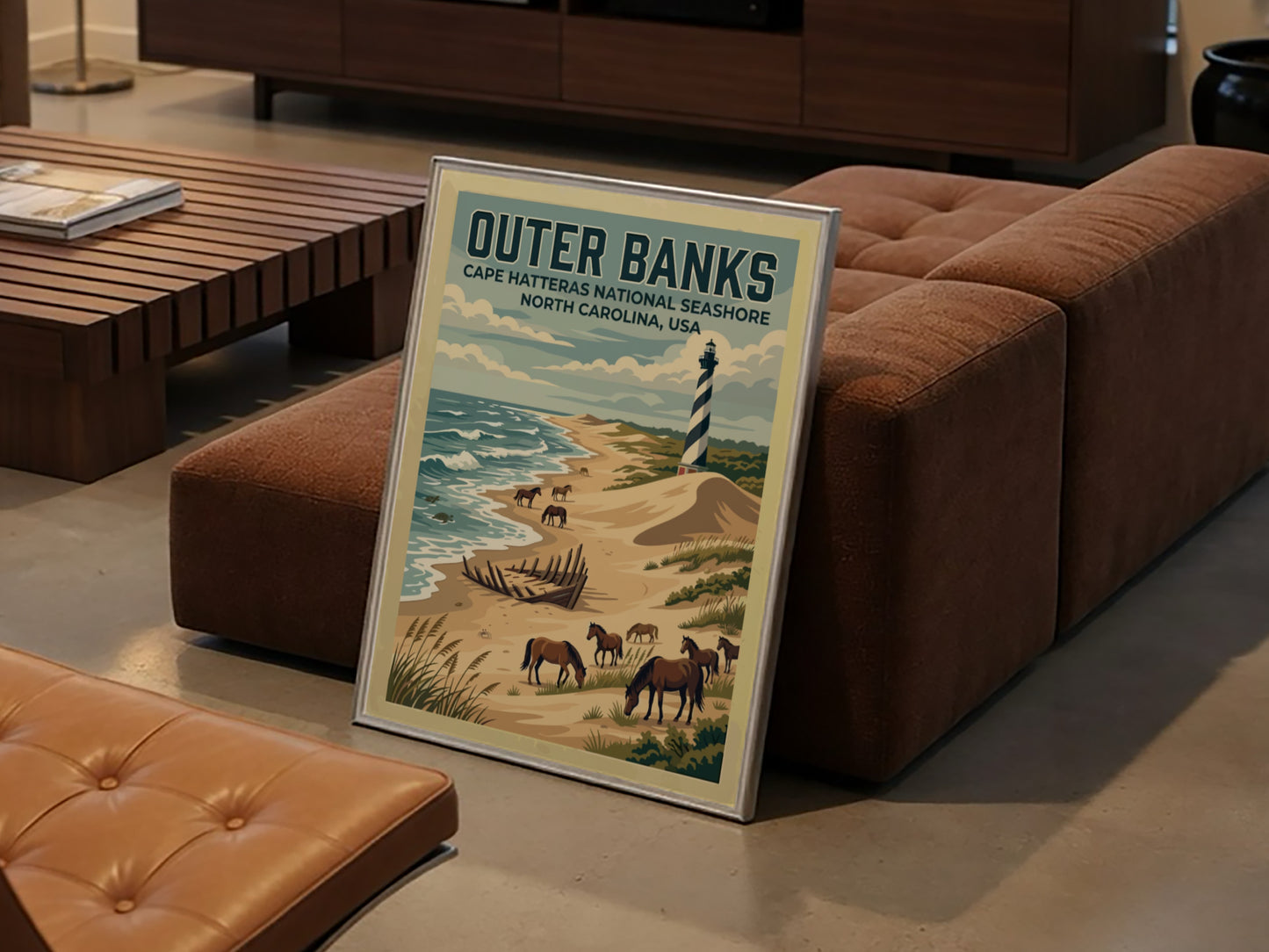 Travel poster of Outer Banks featuring a lighthouse, wild horses, and ship wreck.