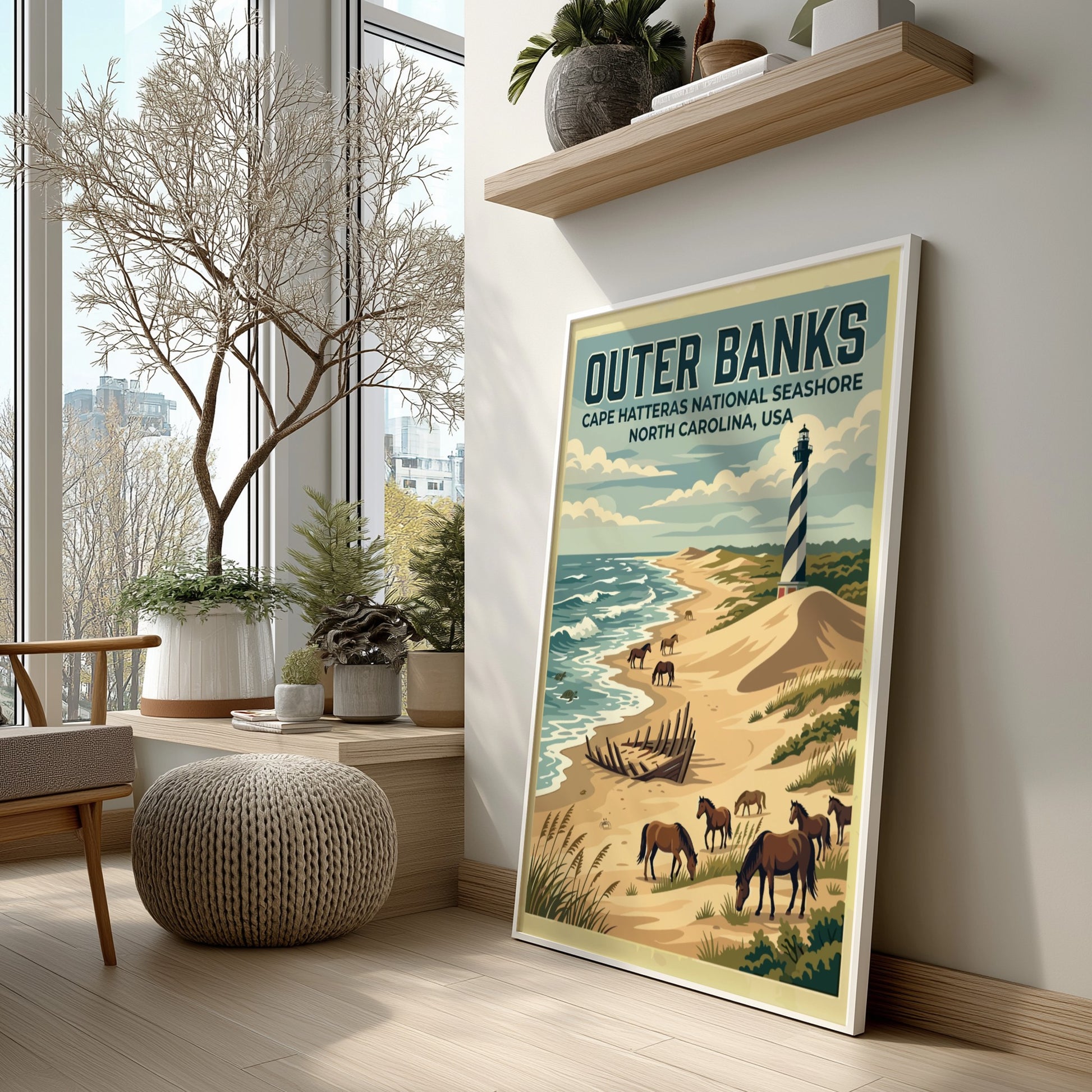 Travel poster of Outer Banks featuring a lighthouse, wild horses, and ship wreck.