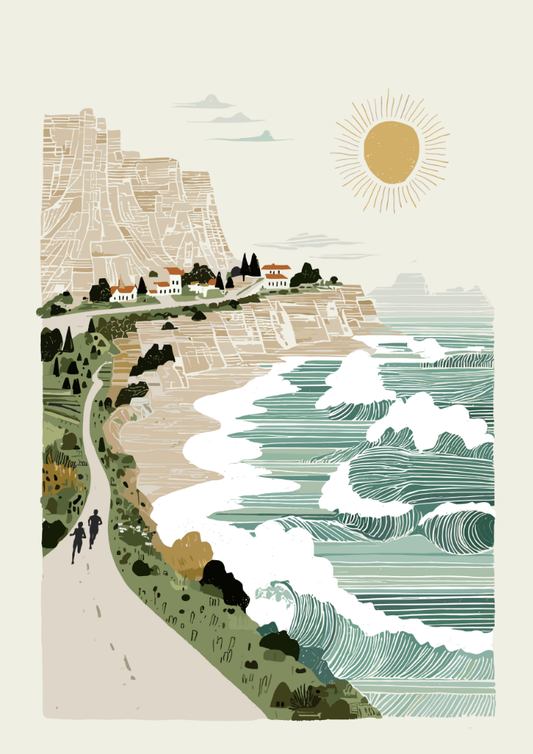 Illustration of a coastal town with a road, beach, and ocean waves.