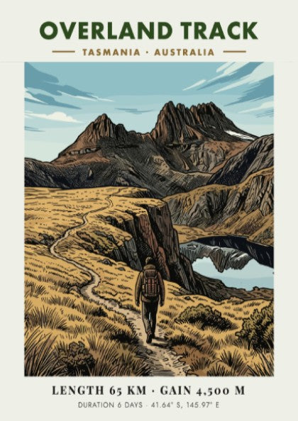 Poster of the Overland Track in Tasmania featuring a hiker on mountain trails