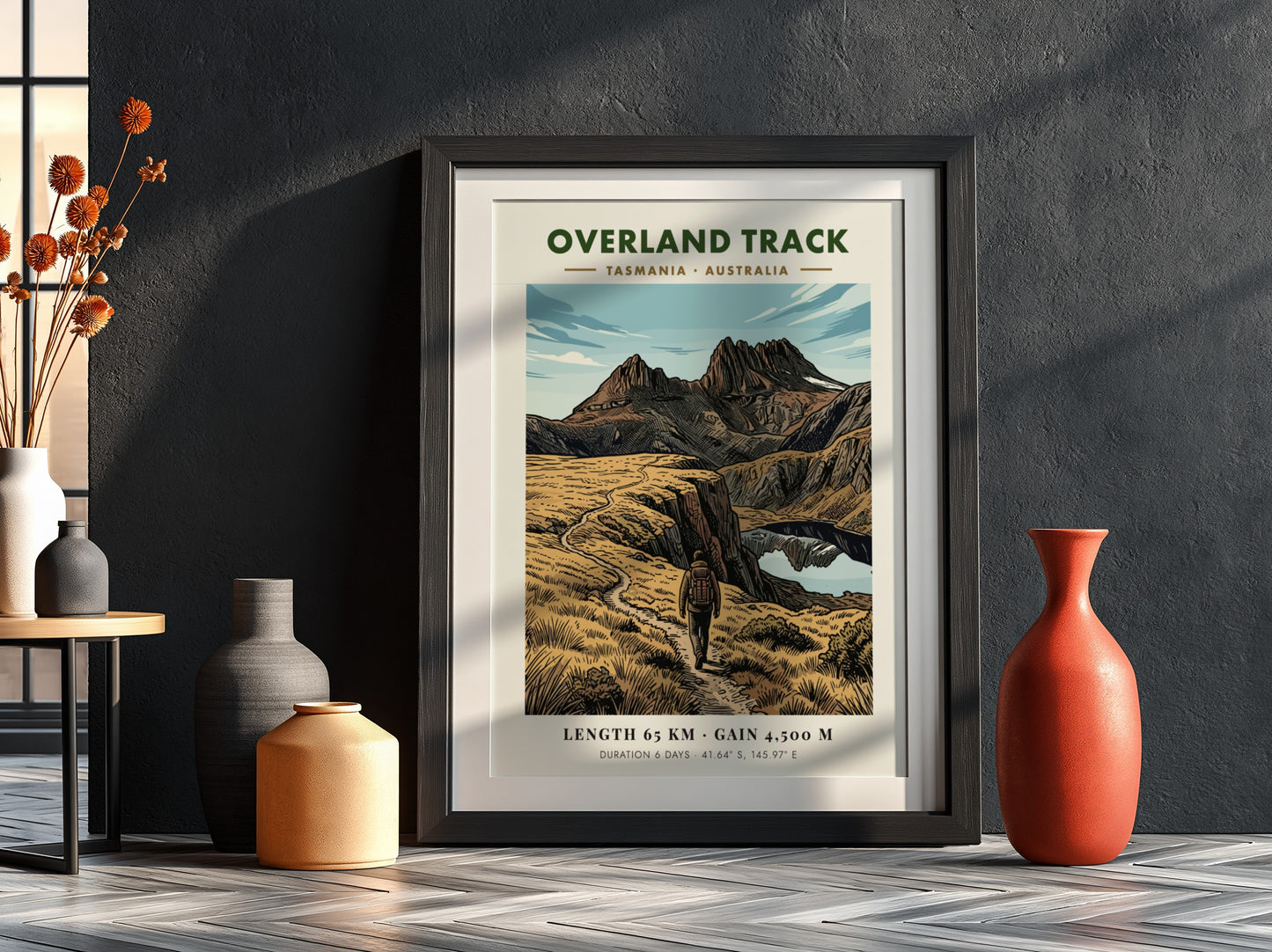 Poster of the Overland Track in Tasmania featuring a hiker on mountain trails