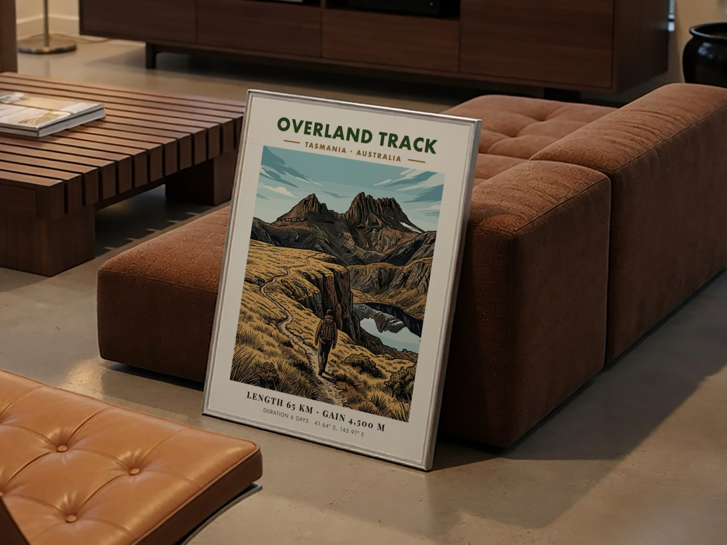 Poster of the Overland Track in Tasmania featuring a hiker on mountain trails