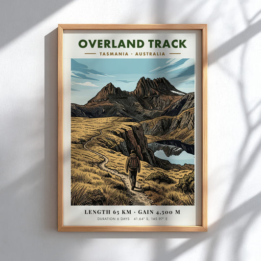 Poster of the Overland Track in Tasmania featuring a hiker on mountain trails