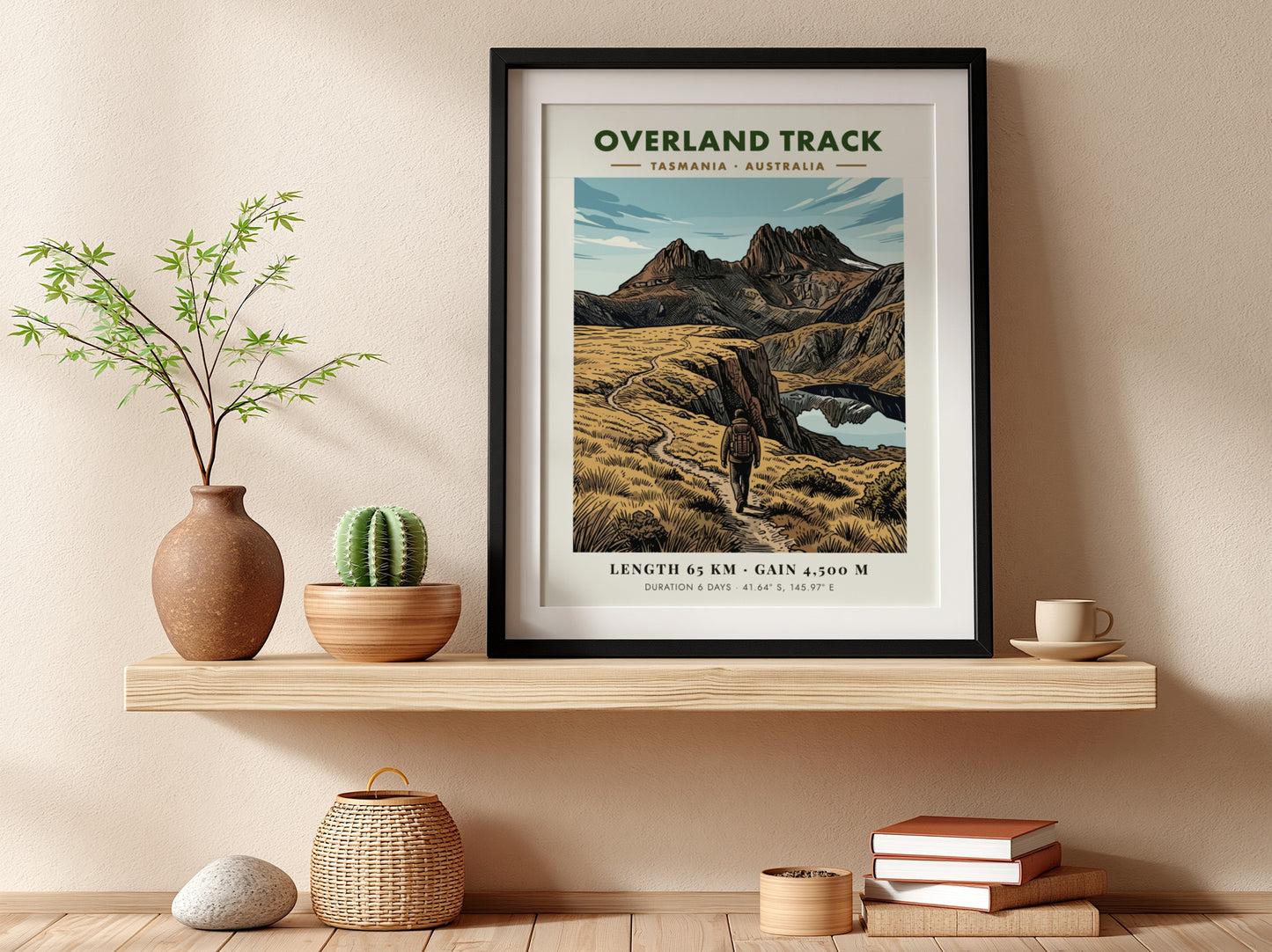 Poster of the Overland Track in Tasmania featuring a hiker on mountain trails