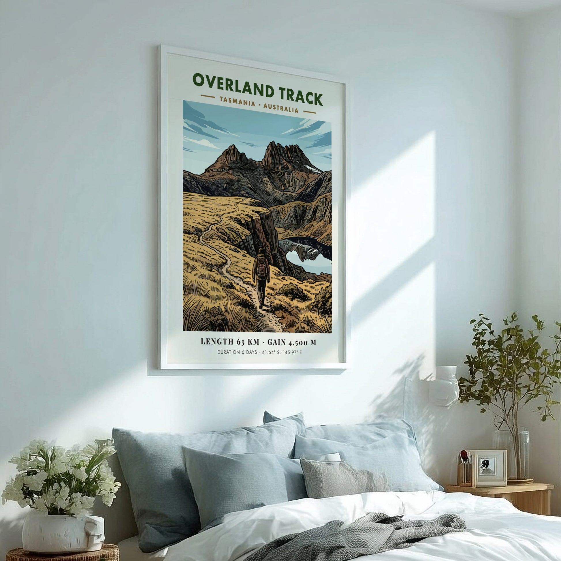 Poster of the Overland Track in Tasmania featuring a hiker on mountain trails