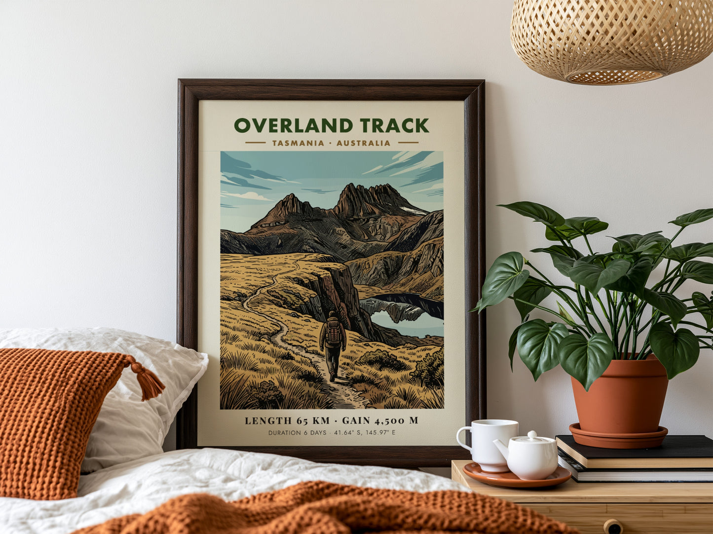 Poster of the Overland Track in Tasmania featuring a hiker on mountain trails