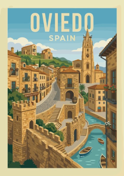 Oviedo Spain travel poster with illustrative cityscape, stone buildings, and a church tower.