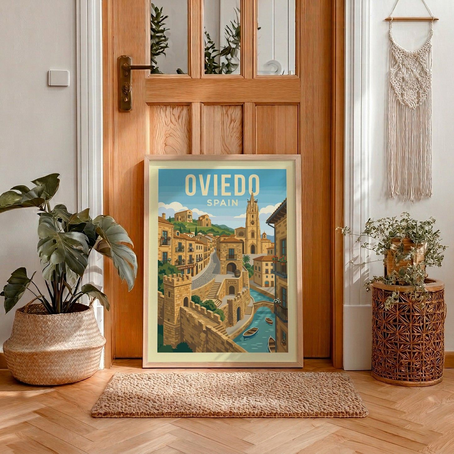 Oviedo Spain travel poster with illustrative cityscape, stone buildings, and a church tower.
