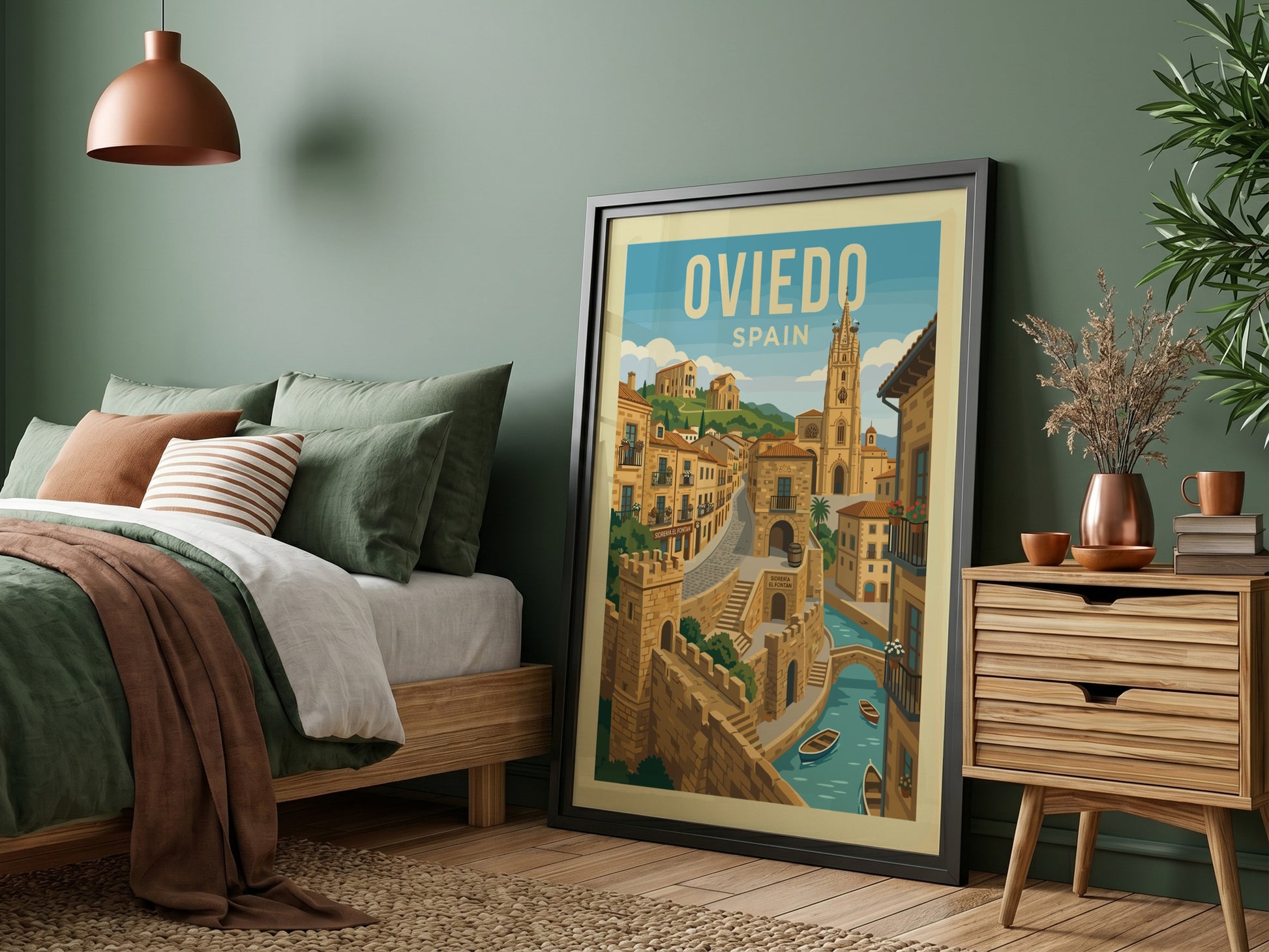 Oviedo Spain travel poster with illustrative cityscape, stone buildings, and a church tower.