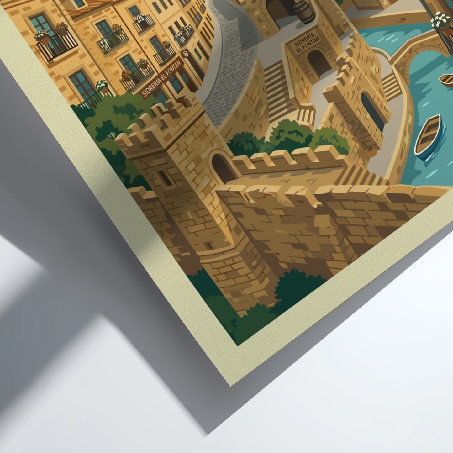 Oviedo Spain travel poster with illustrative cityscape, stone buildings, and a church tower.