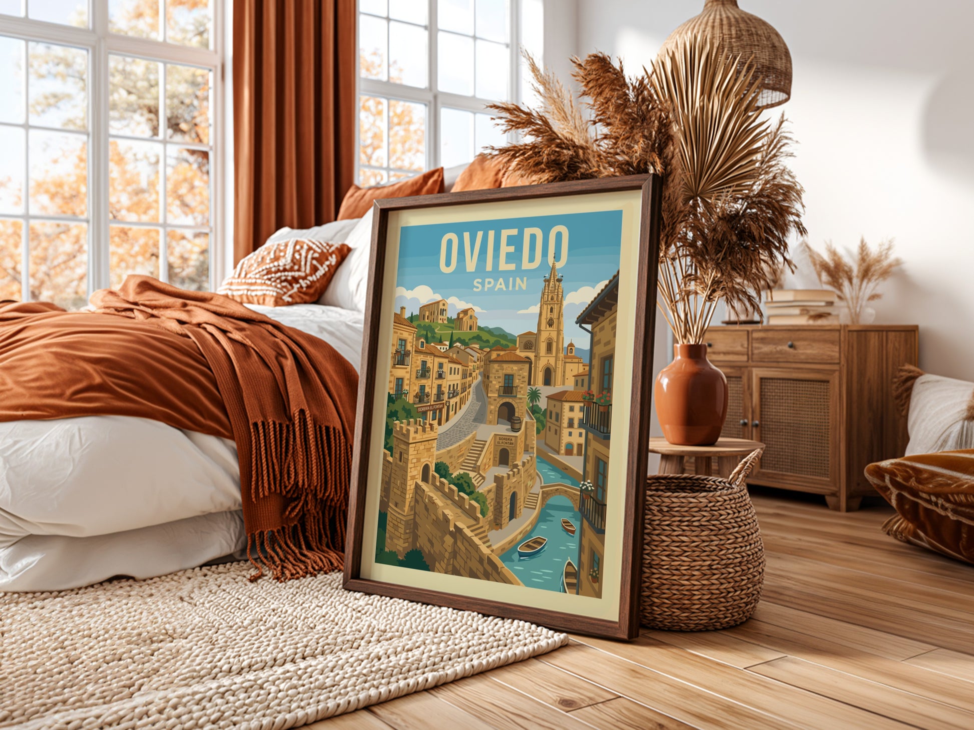Oviedo Spain travel poster with illustrative cityscape, stone buildings, and a church tower.