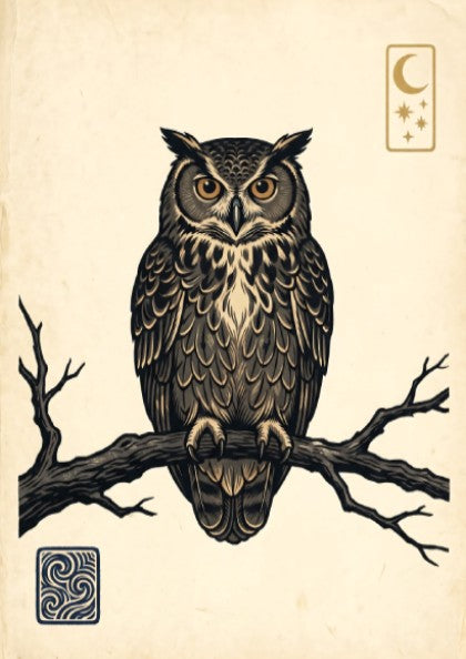 Japanese art style poster featuring an owl perched on a branch with night sky elements