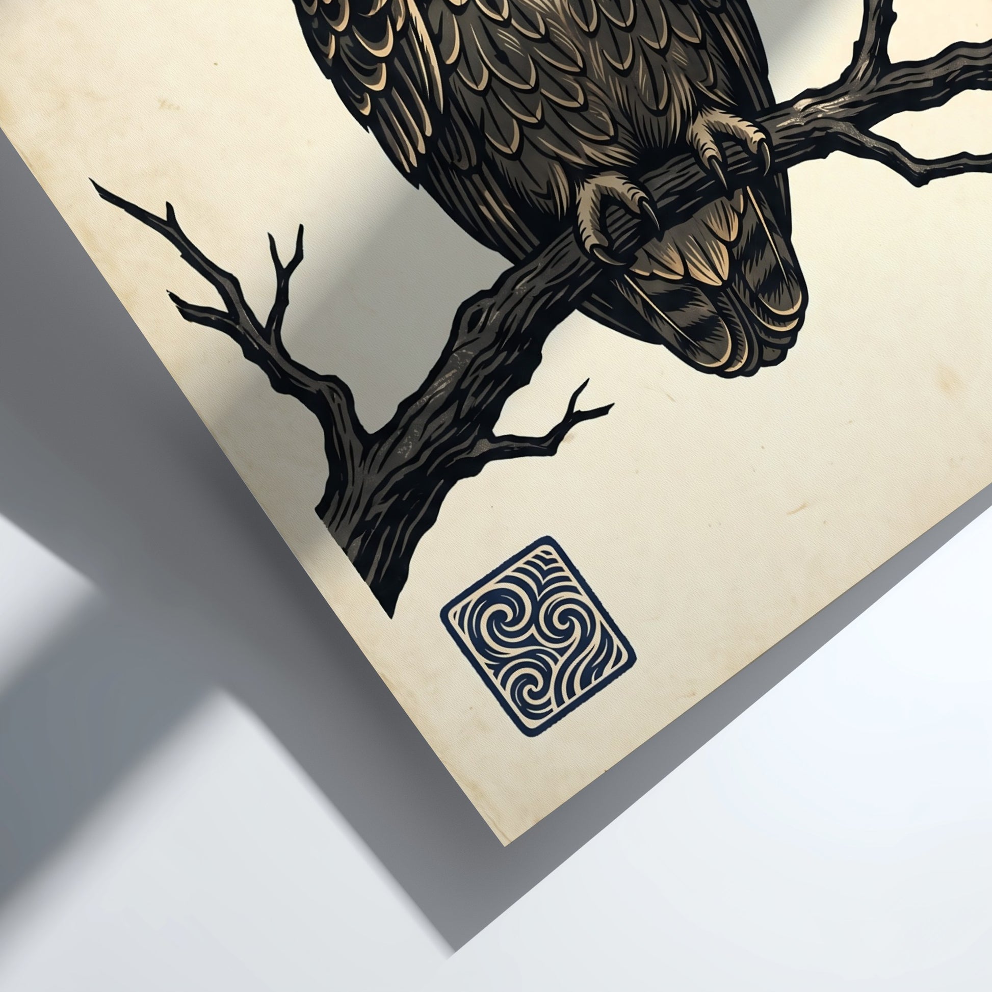 Japanese art style poster featuring an owl perched on a branch with night sky elements