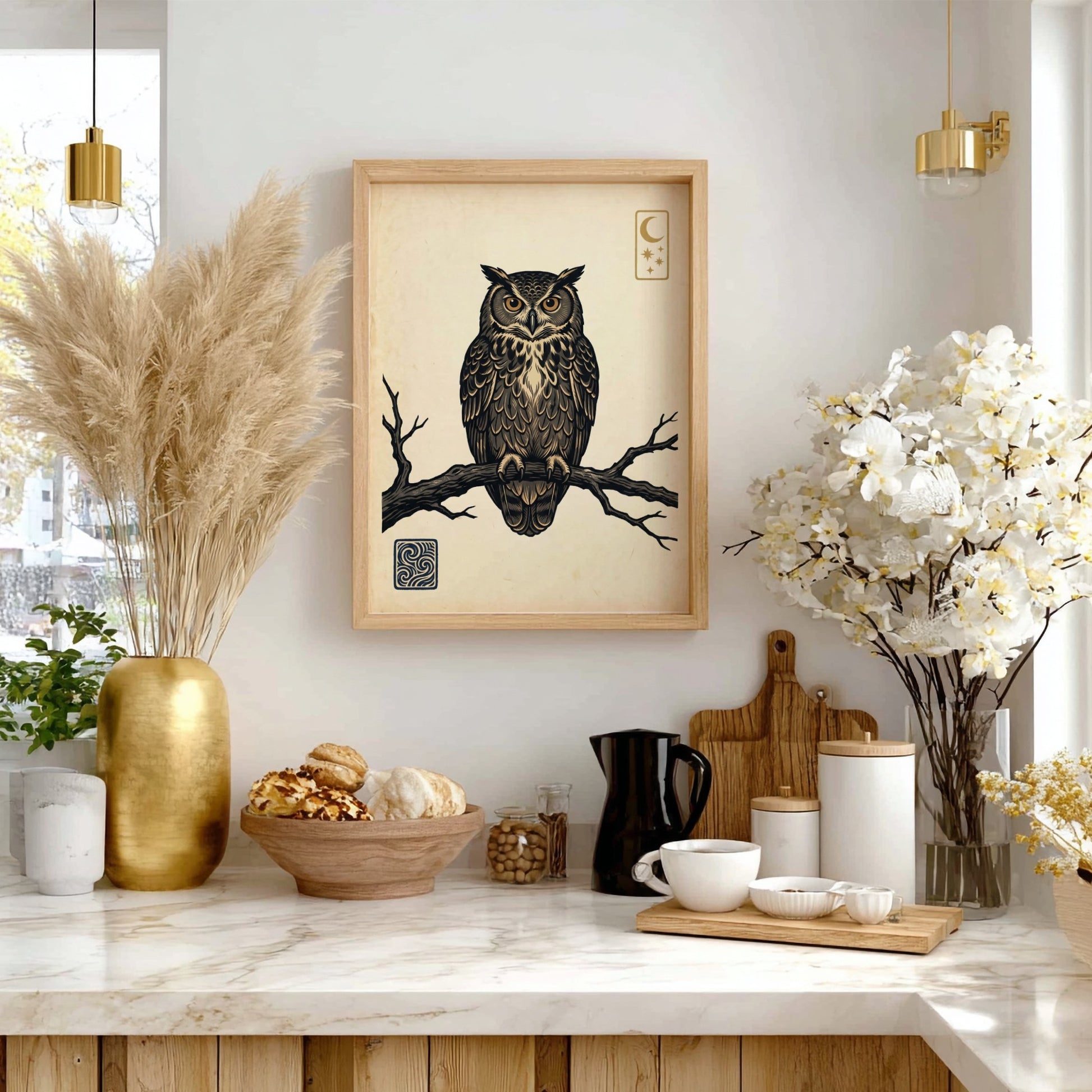Japanese art style poster featuring an owl perched on a branch with night sky elements