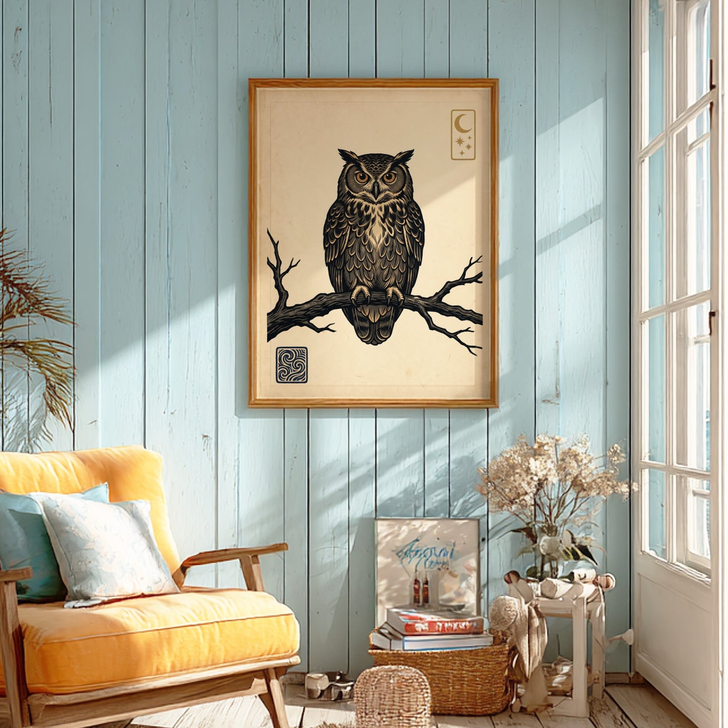 Japanese art style poster featuring an owl perched on a branch with night sky elements