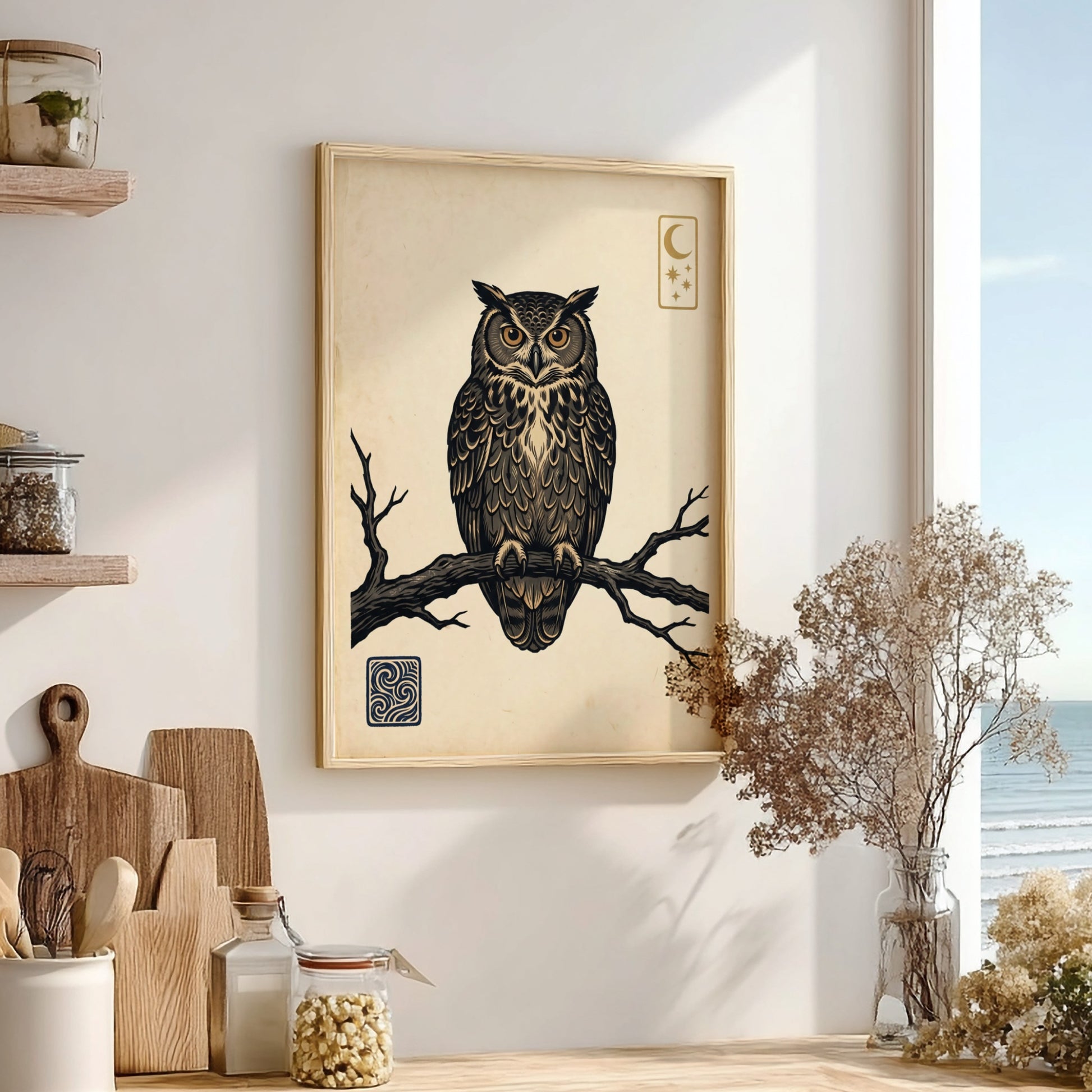 Japanese art style poster featuring an owl perched on a branch with night sky elements