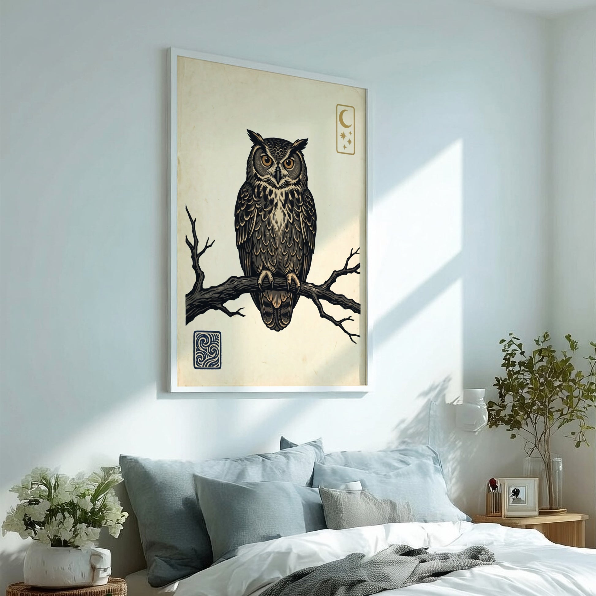 Japanese art style poster featuring an owl perched on a branch with night sky elements