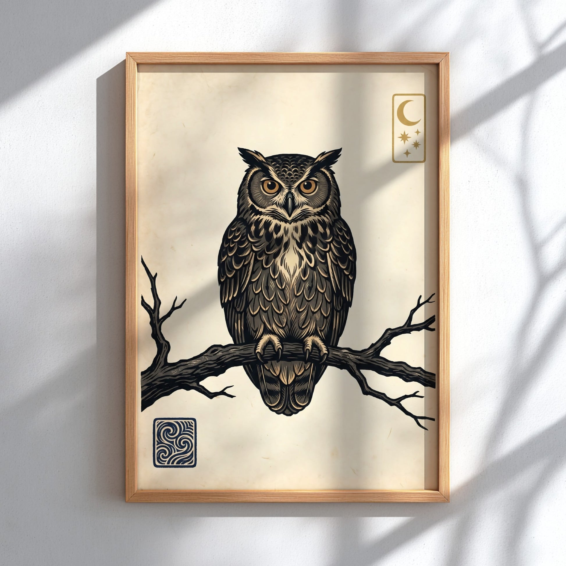 Japanese art style poster featuring an owl perched on a branch with night sky elements
