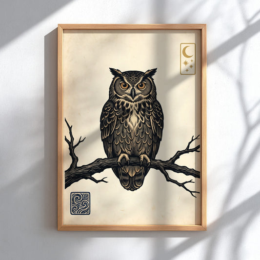 Japanese art style poster featuring an owl perched on a branch with night sky elements