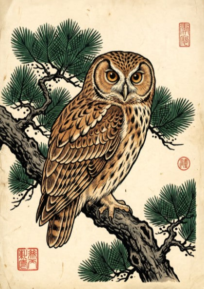 Japanese art style poster featuring an owl on a pine branch with warm earthy tones