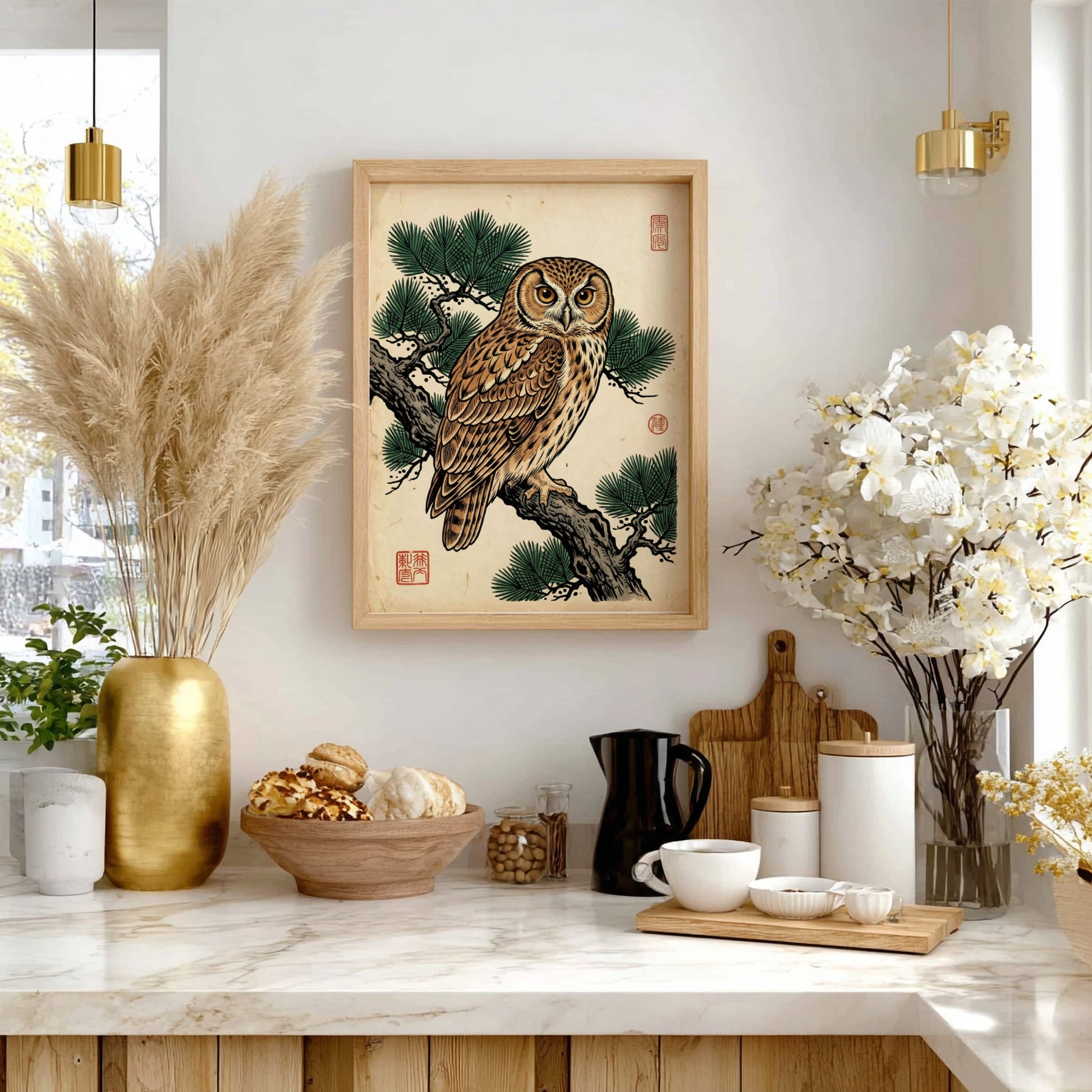 Japanese art style poster featuring an owl on a pine branch with warm earthy tones