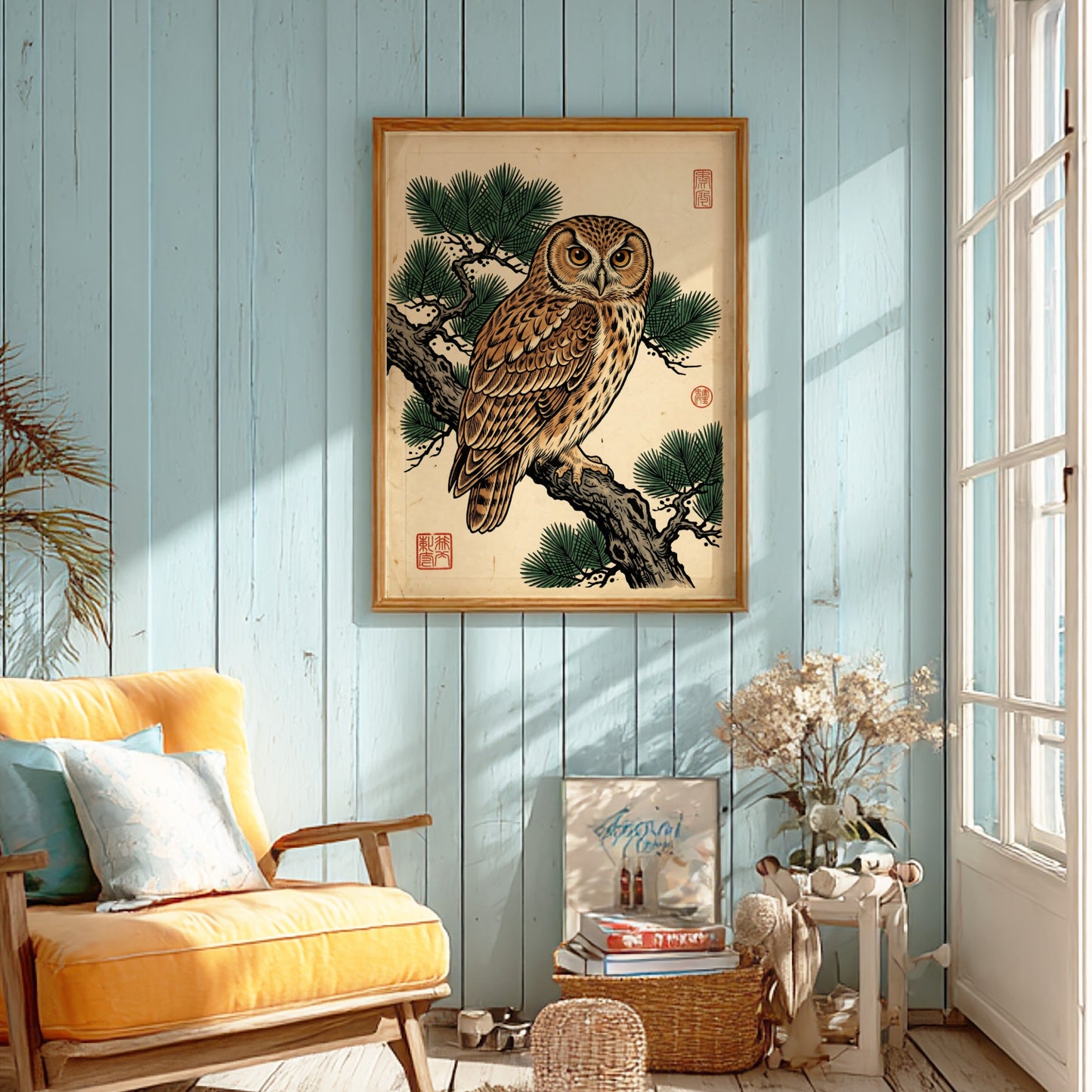 Japanese art style poster featuring an owl on a pine branch with warm earthy tones