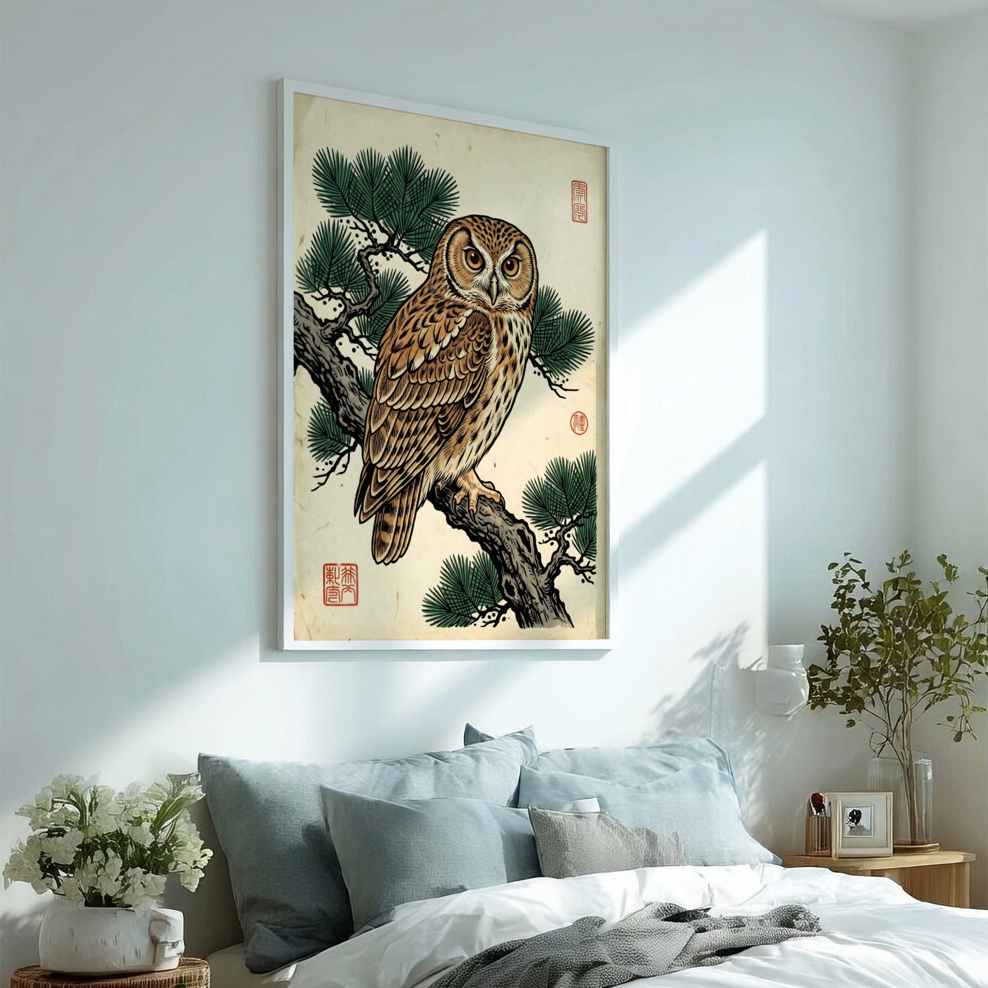 Japanese art style poster featuring an owl on a pine branch with warm earthy tones