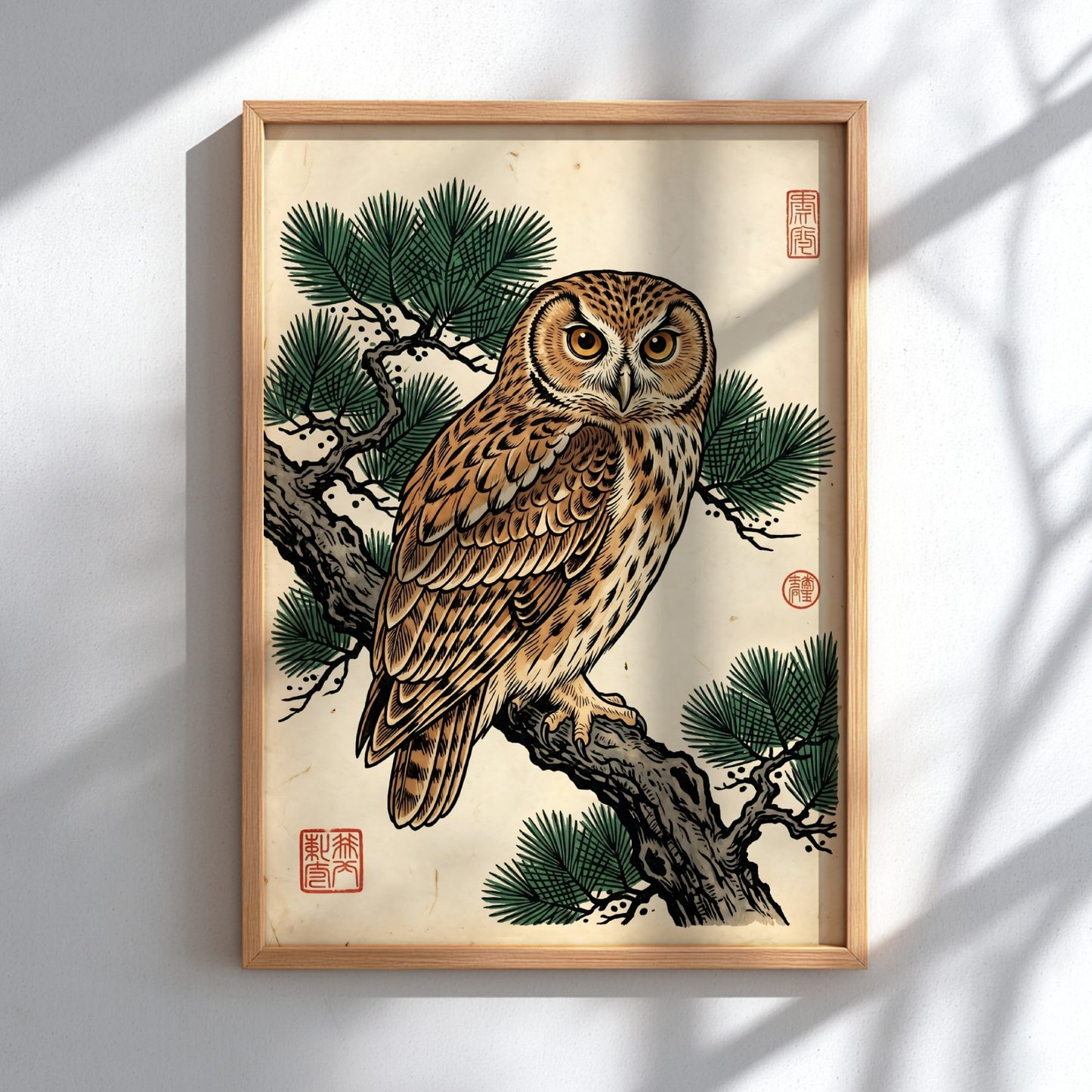 Japanese art style poster featuring an owl on a pine branch with warm earthy tones