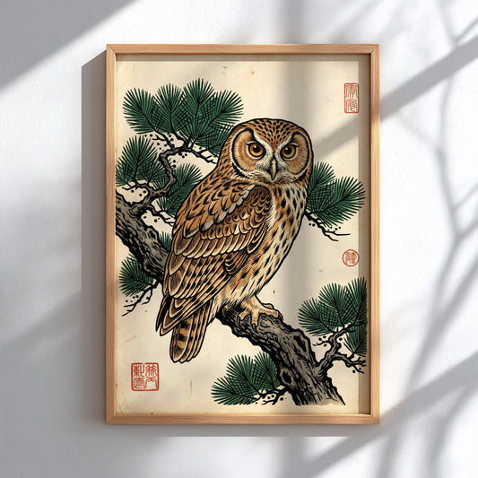 Japanese art style poster featuring an owl on a pine branch with warm earthy tones