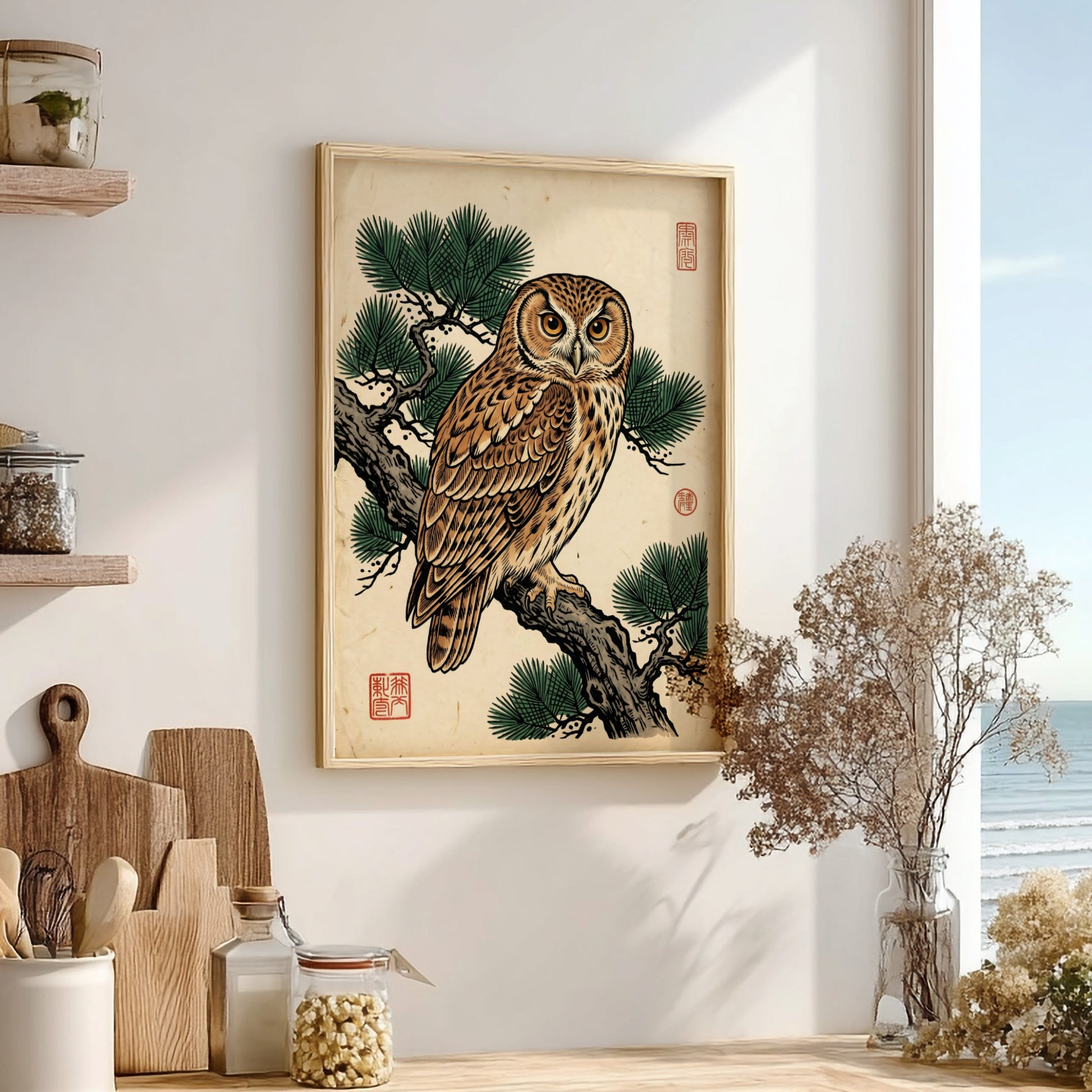 Japanese art style poster featuring an owl on a pine branch with warm earthy tones