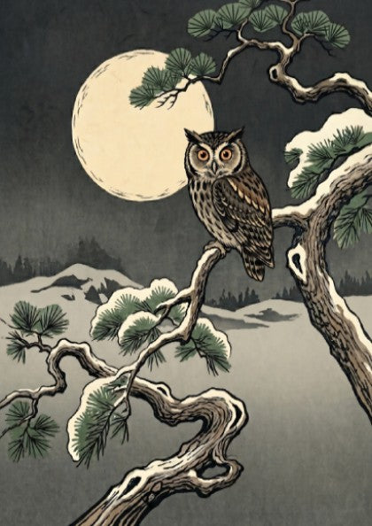 Owl Winter Moon poster featuring an owl in Japanese art style with muted colors and a full moon