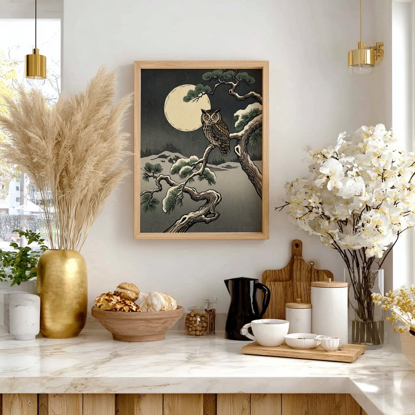 Owl Winter Moon poster featuring an owl in Japanese art style with muted colors and a full moon