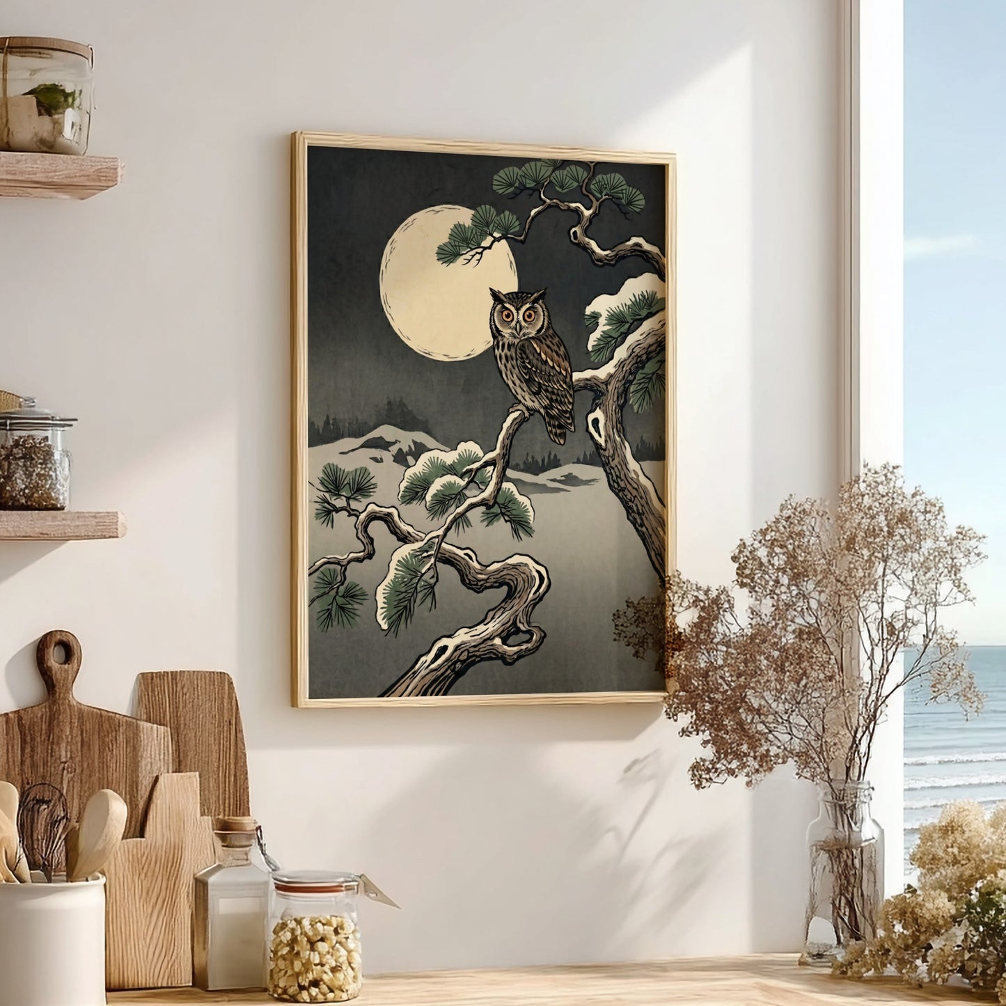 Owl Winter Moon poster featuring an owl in Japanese art style with muted colors and a full moon