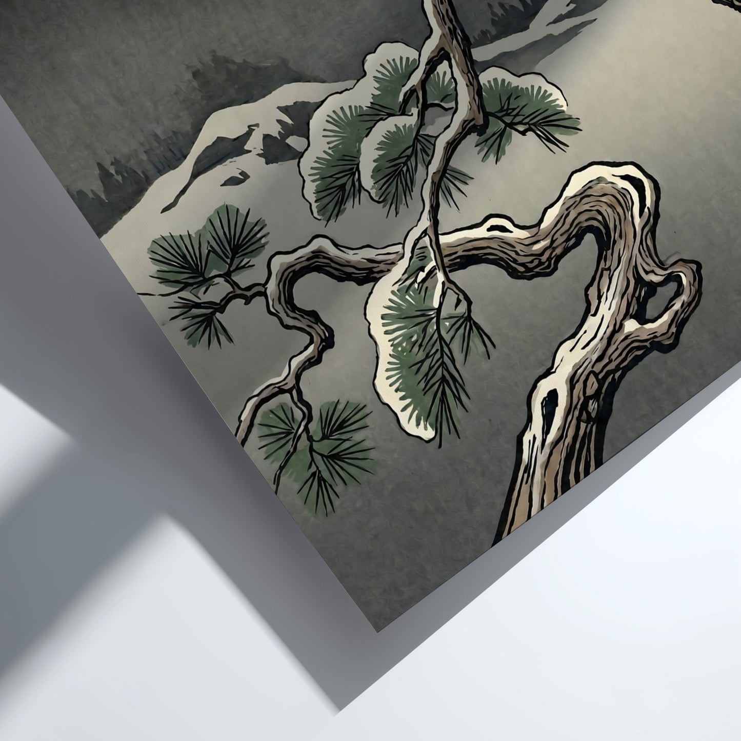 Owl Winter Moon poster featuring an owl in Japanese art style with muted colors and a full moon