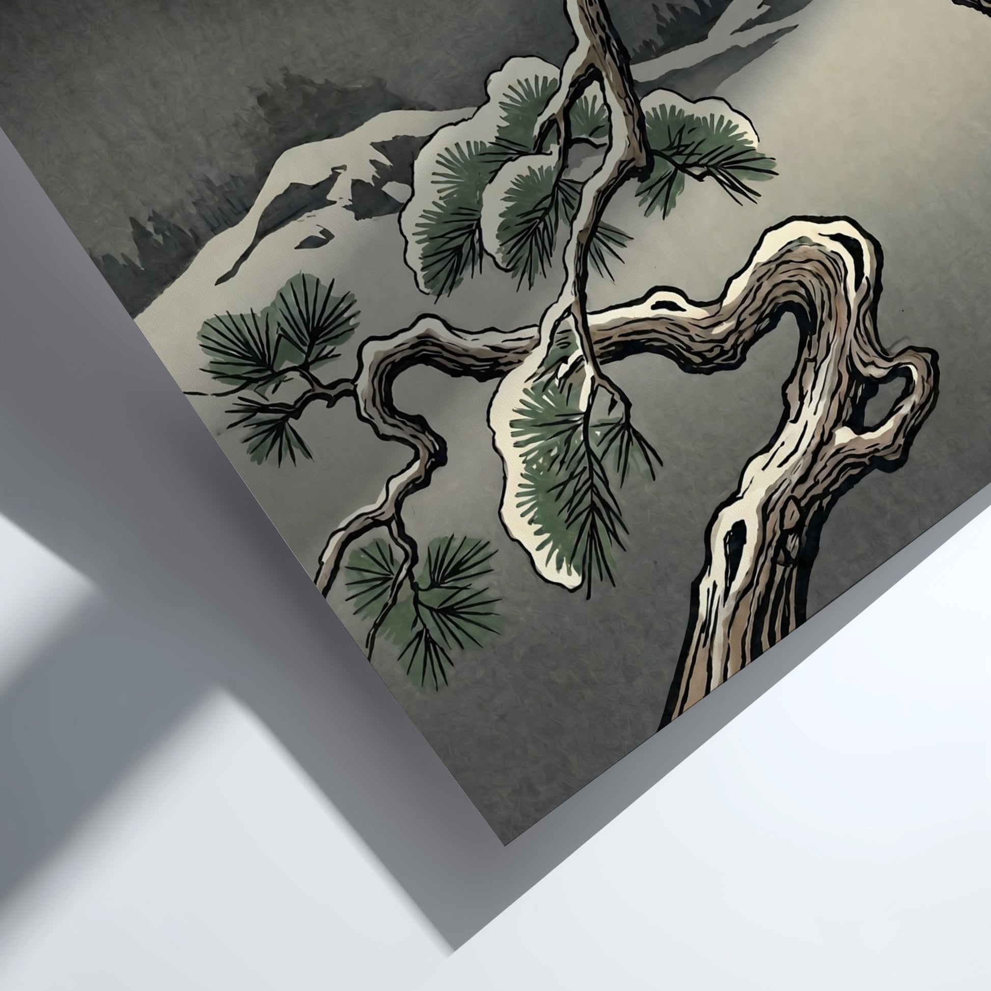 Owl Winter Moon poster featuring an owl in Japanese art style with muted colors and a full moon
